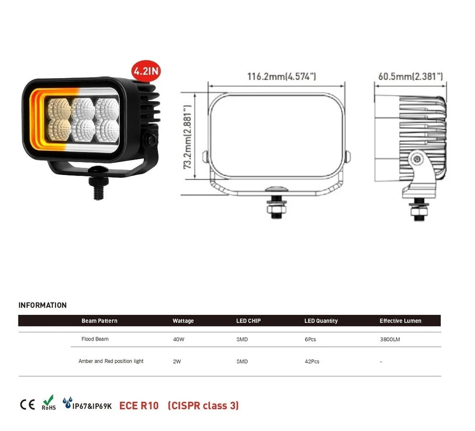 3D LED Amber Red DRL, Powerful work lamp 12v-24v OBLONG